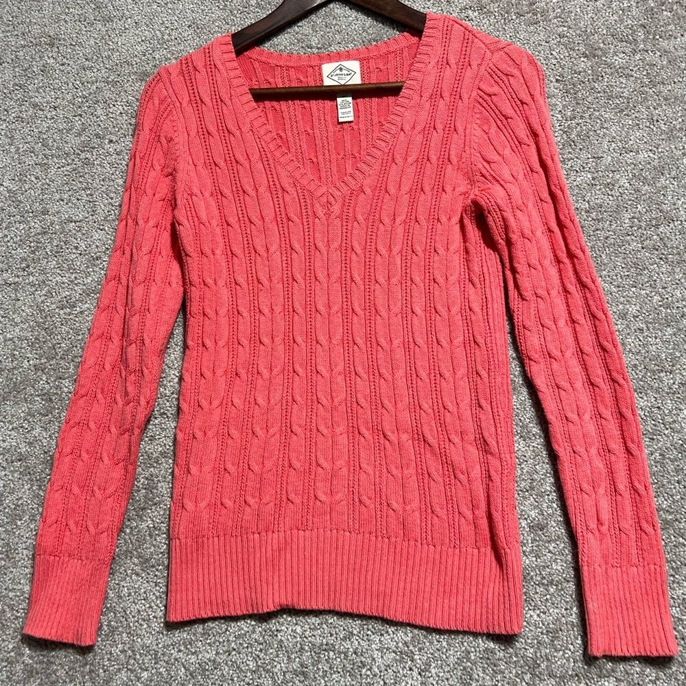 St. John’s Bay Peach Orange V Neck Cable Knit Sweater Size XS